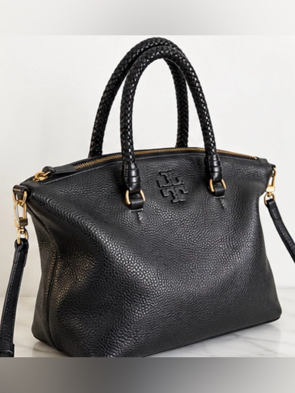 Tory Burch Black Pebbled Leather Braided Handle Tote Shoulder Bag